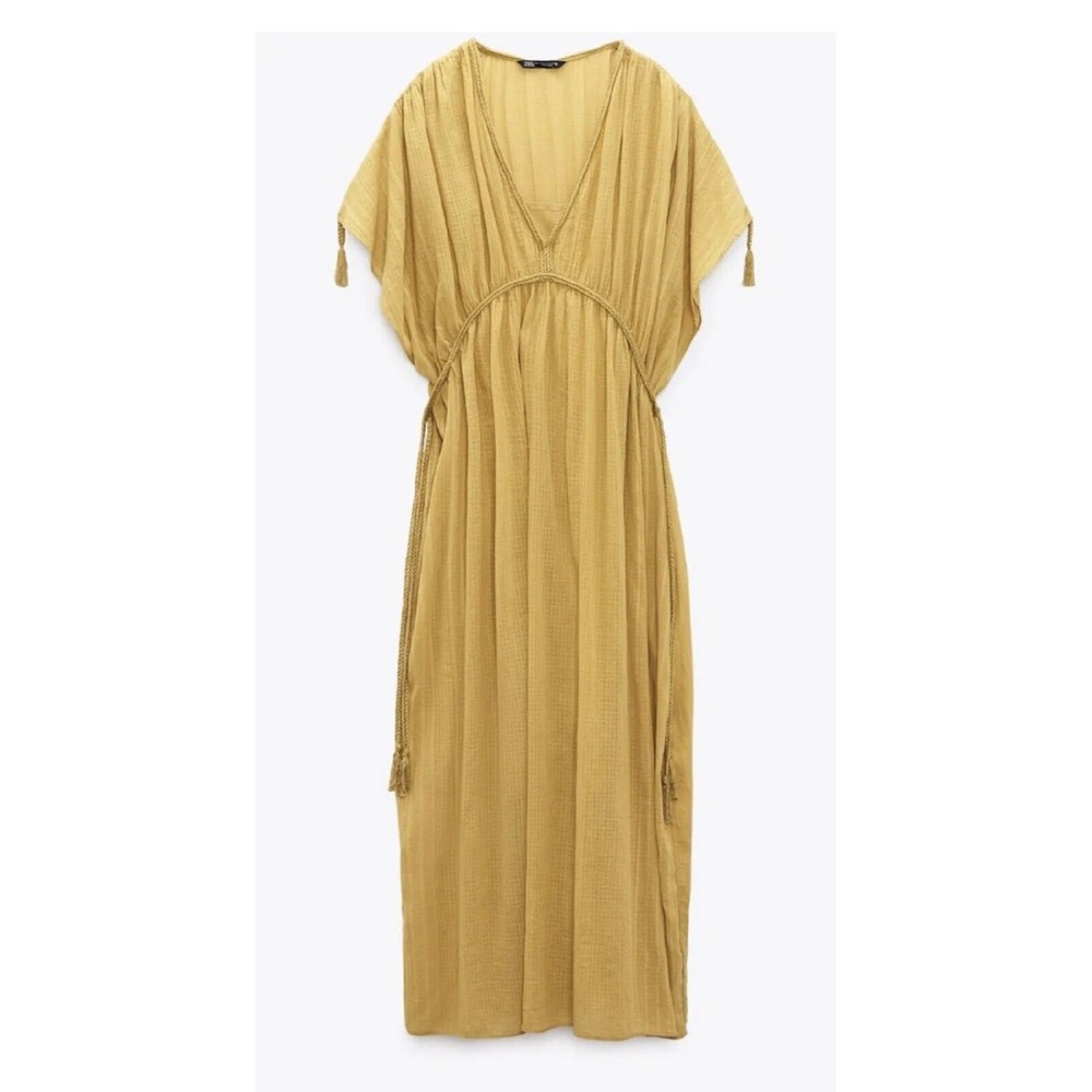 Zara BNWT Mustard Ochre Kaftan Yellow 100% Cotton M-L MIDI Dress Grecian